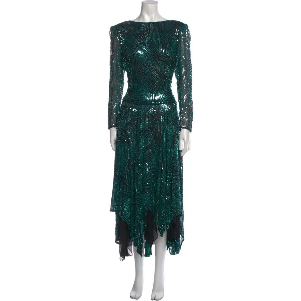 VTG Black Tie Teal Sequin Long Sleeve Silk Midi Dress NYE party 8
